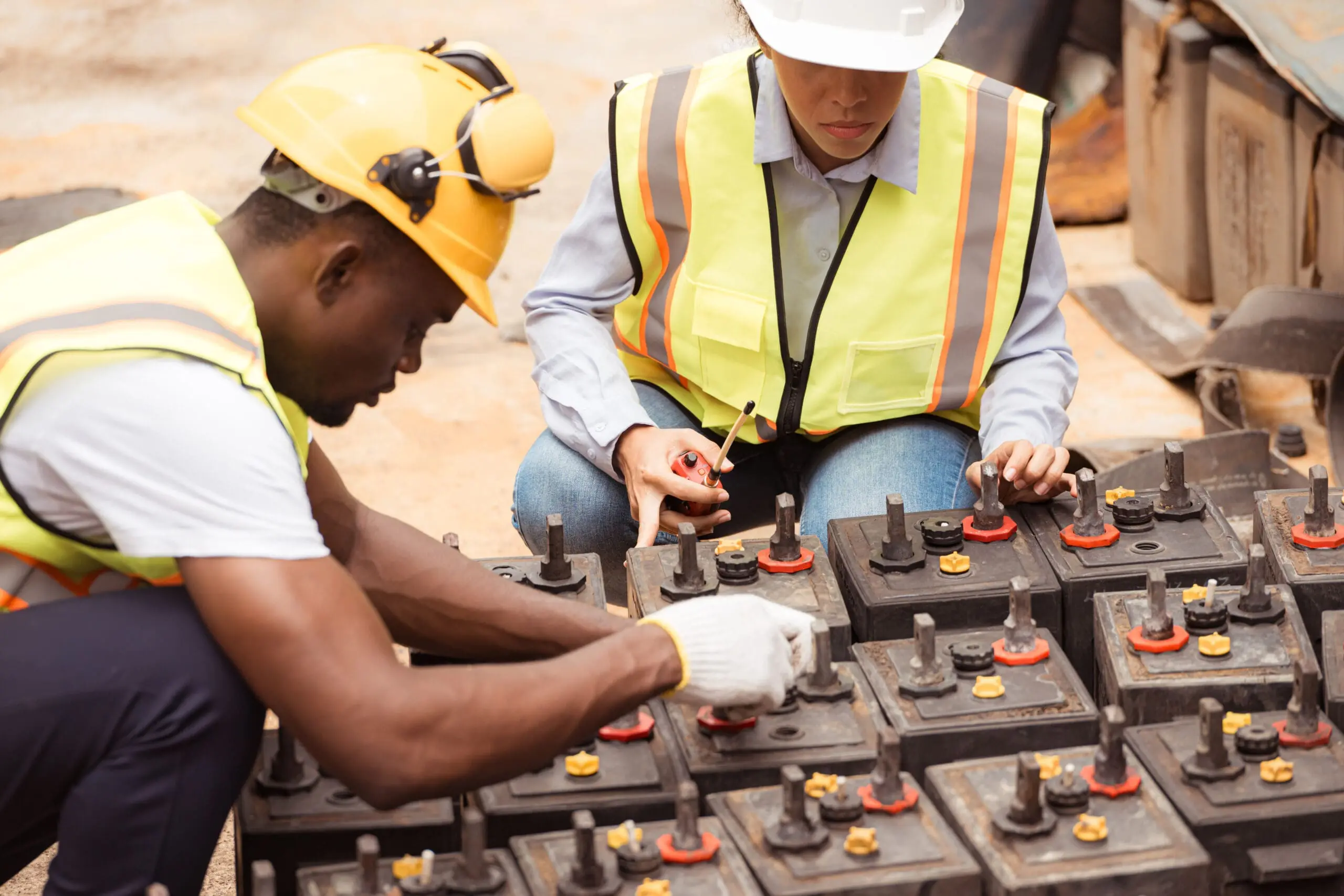 Railway technicians worker in safety vest and helmet inspect the battery in the train workshop.