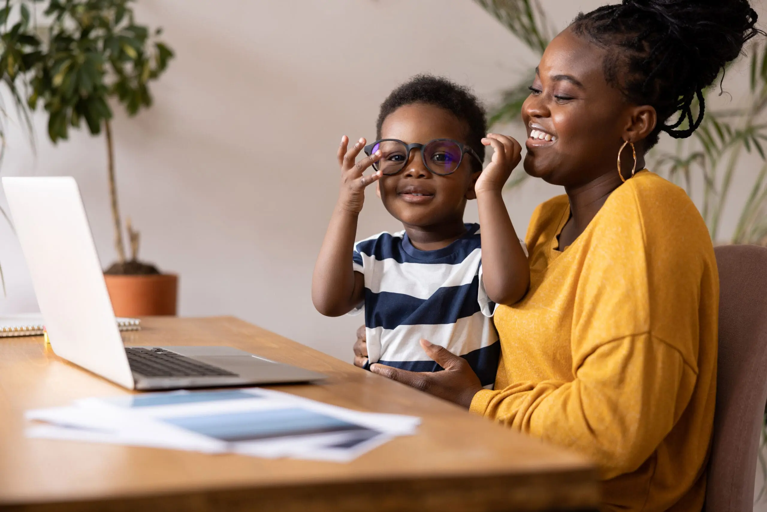 Mother and son having fun at home